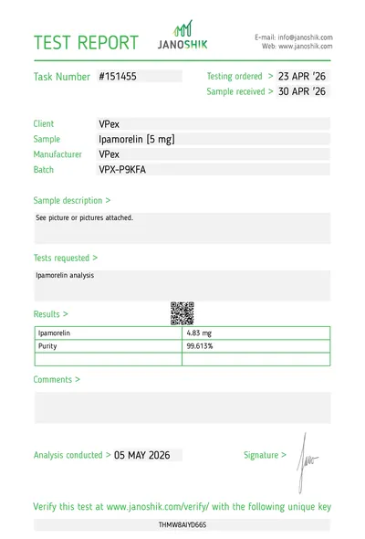 Сертификат за анализ Ipamorelin (Ипаморелин) партида VPX-P9KFA VPEX