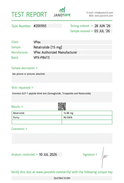 Сертификат за анализ Retatrutide (Ретатрутид) партида VPX-P84T3 VPEX