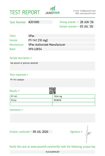 Сертификат за анализ PT-141 (Bremelanotide / Бремеланотид) партида VPX-L0K54 VPEX