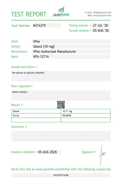 Сертификат за анализ Selank (Селанк) партида VPX-12714 VPEX